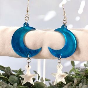 Handmade Resin Blue Crescent Moon and White Star Earrings